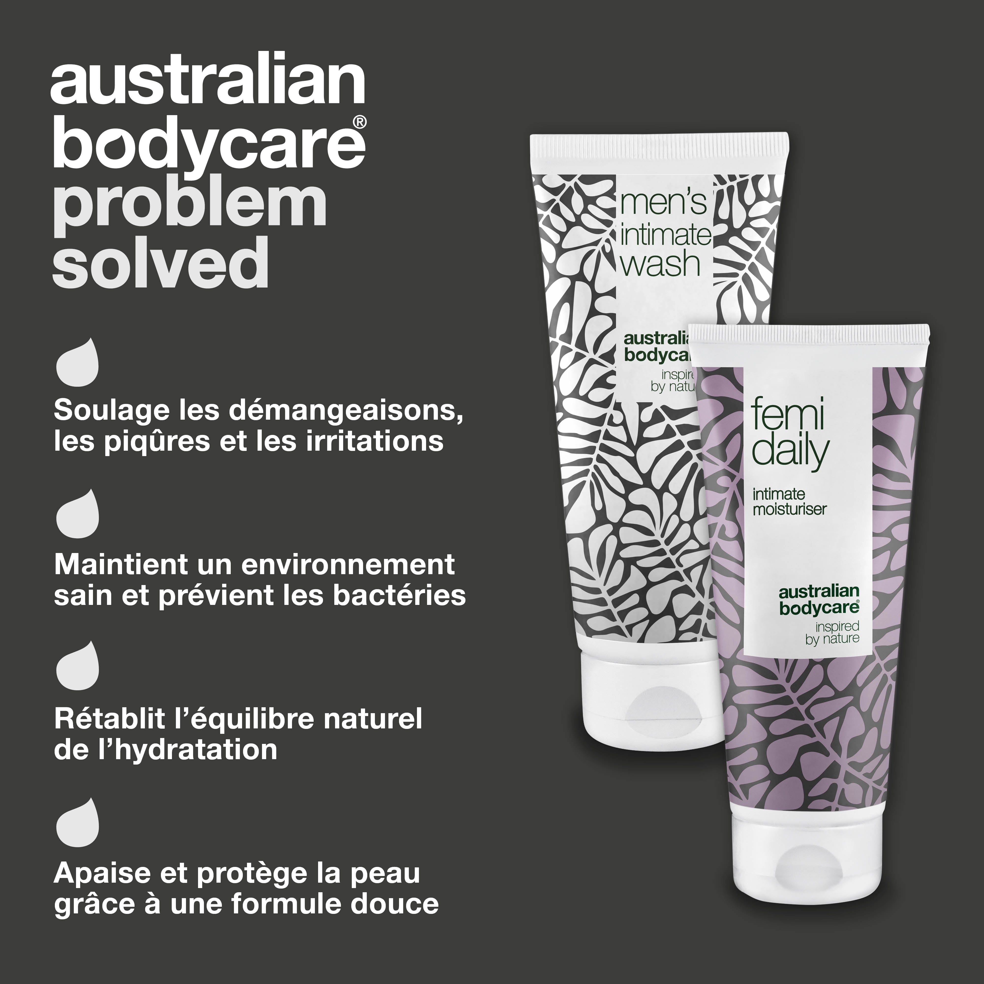 Gel lavant intime et hydratant. Texte : Australian Bodycare Problème Résolu. Avantages énumérés.