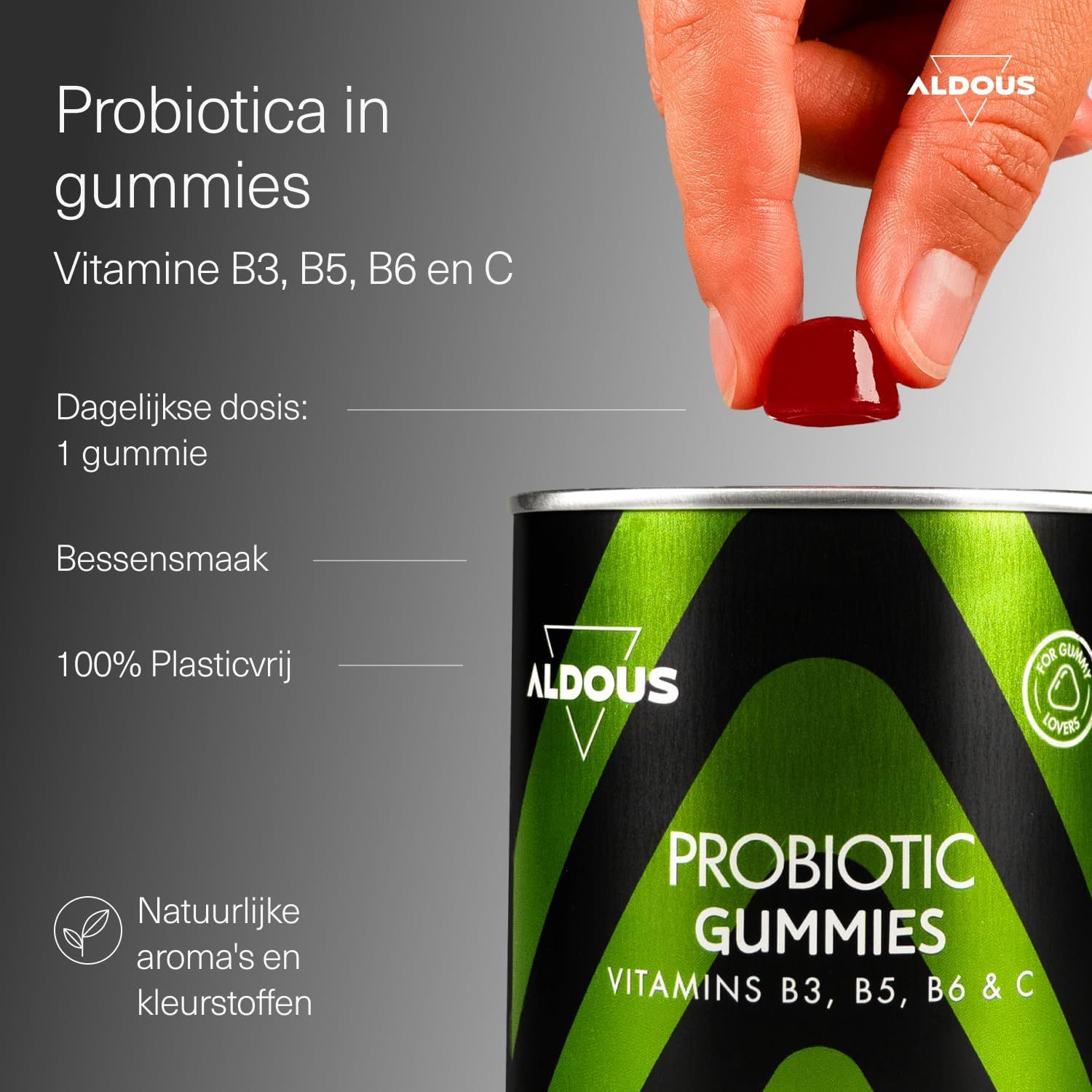 Aldous Probiotica Gummies: Bes, vitamines B3, B5, B6, C. Dagelijkse dosis: 1 gummie. 100% plasticvrij.