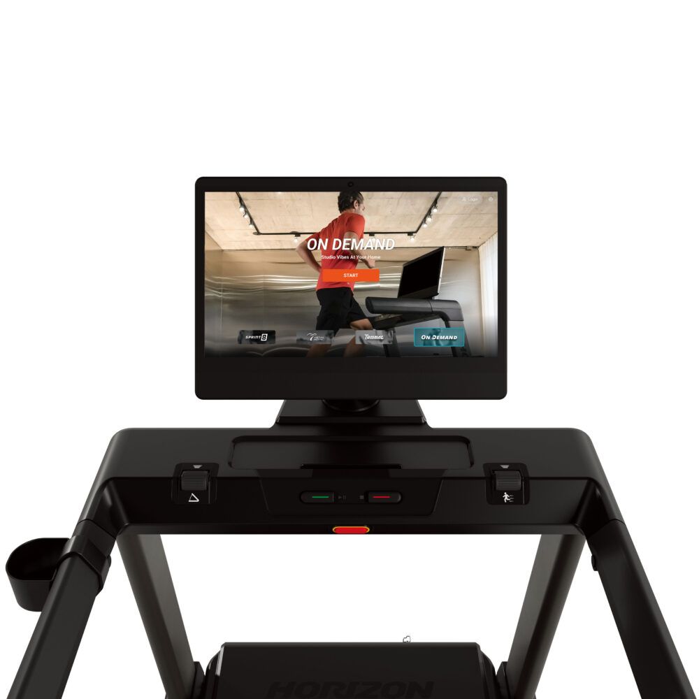 Écran de tapis roulant noir avec vidéo d'entraînement. Logo Horizon en bas. Cadre noir.