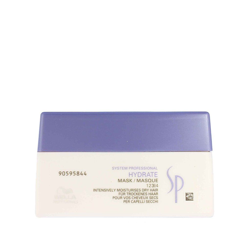 Wella SP Hydrate Mask en emballage blanc avec couvercle violet. Texte : "Intensively moisturises dry hair".