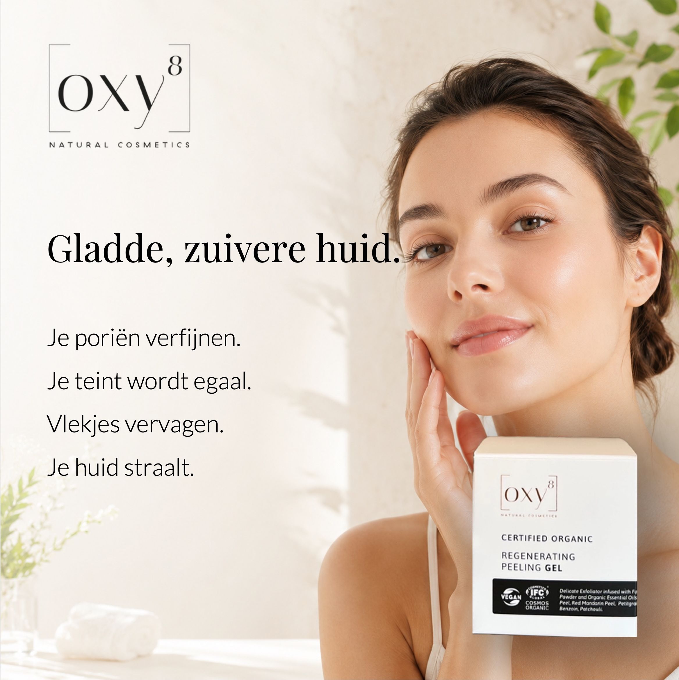 Vrouw raakt gezicht aan. Product en verpakking ernaast. Tekst en iconen.