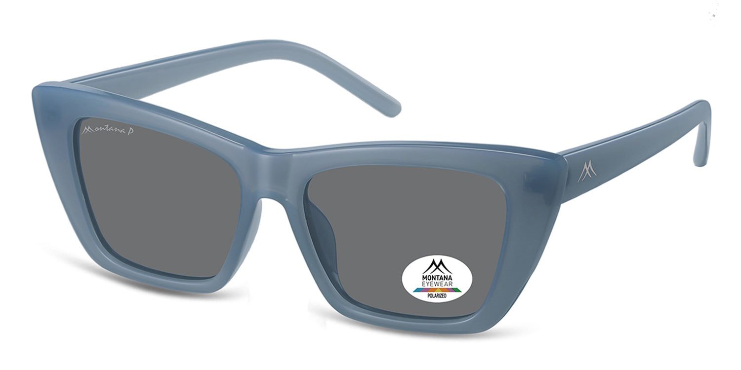 Lunettes de soleil bleues, vue en biais. Logo Montana Eyewear sur la branche et le verre. Verres polarisés.