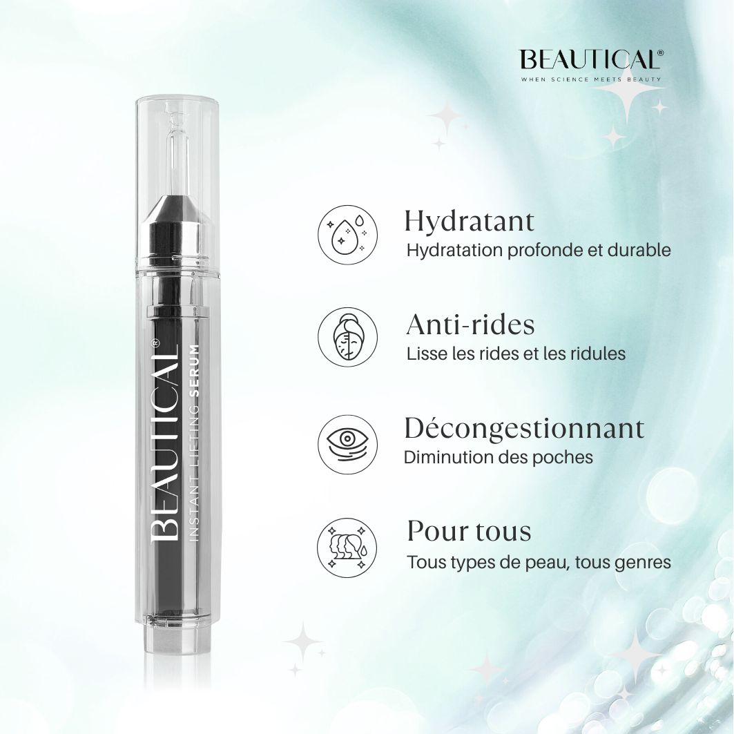 BEAUTICAL Instant Lifting Serum. Texte et icônes. Produit à côté du texte.