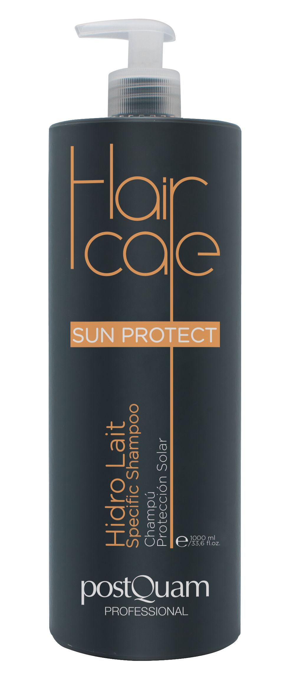 Donkergrijze shampoo fles met witte pomp. Opschrift: Hair Care, Sun Protect, Hidro Lait, Specific Shampoo, PostQuam Professional.