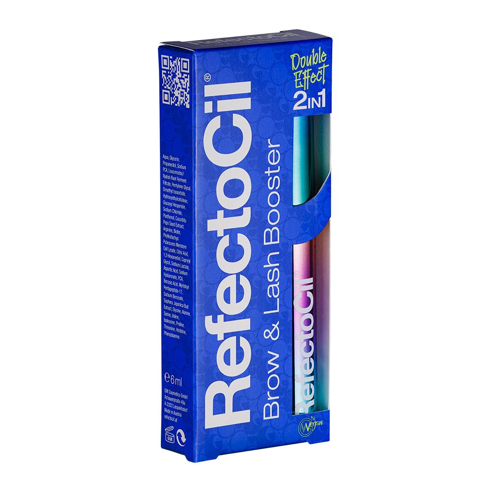 Blauwe verpakking voor Lash & Brow Booster. Tekst: Refectocil Brow & Lash Booster. QR-code.