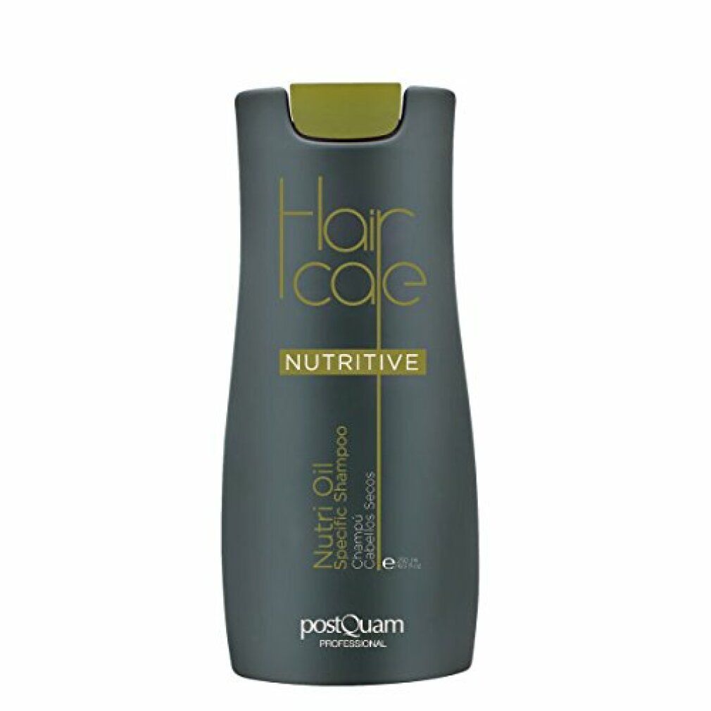 Flacon de shampooing gris foncé avec bouchon vert. Inscription: Hair Care Nutritive, Nutri Oil Specific Shampoo, Postquam Professional.