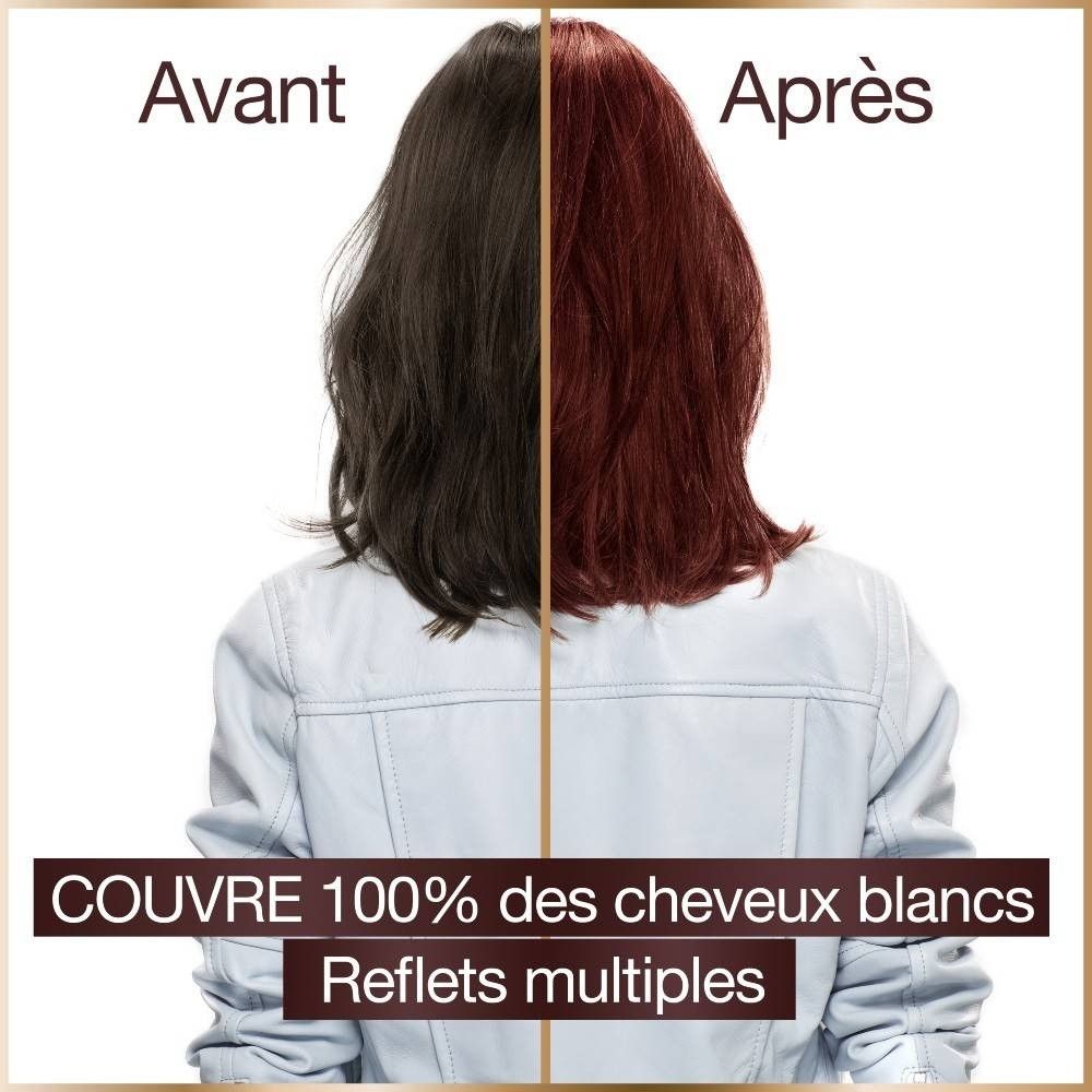 Cheveux divisés en avant/après. Gauche: cheveux foncés. Droite: cheveux roux. Texte: Couvre 100% des cheveux blancs. Reflets multiples.