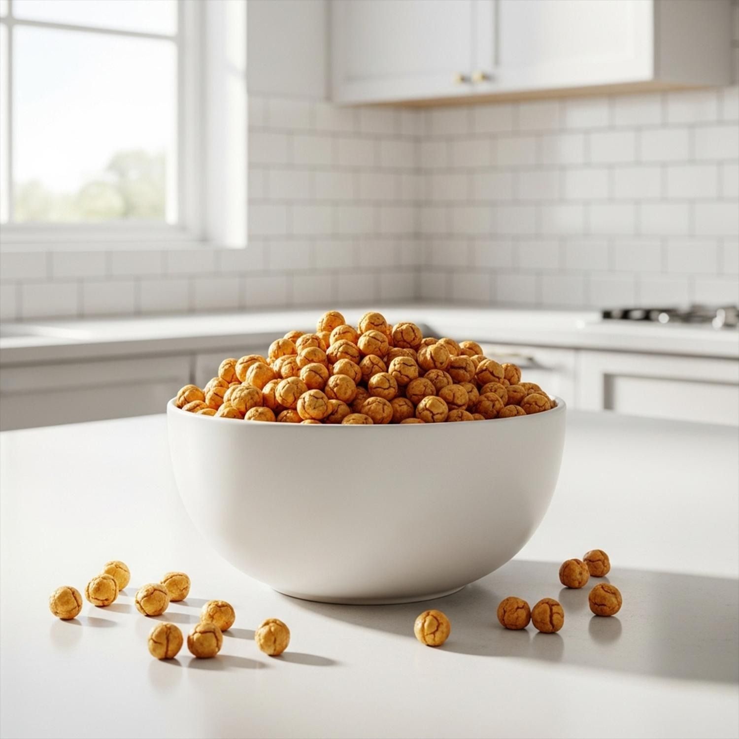 Pois chiches grillés dans un bol blanc dans une cuisine moderne.