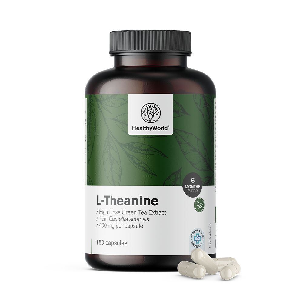 Bruine fles met L-Theanine capsules. Opschrift: HealthyWorld, L-Theanine, 400 mg, 180 capsules. Enkele capsules ernaast.