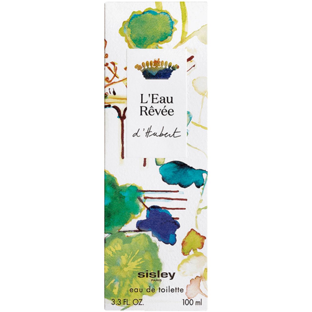 Kartonnen verpakking met bloemenpatroon. Opschrift: L'Eau Rêvée d'Hubert, Sisley eau de toilette, 100 ml.