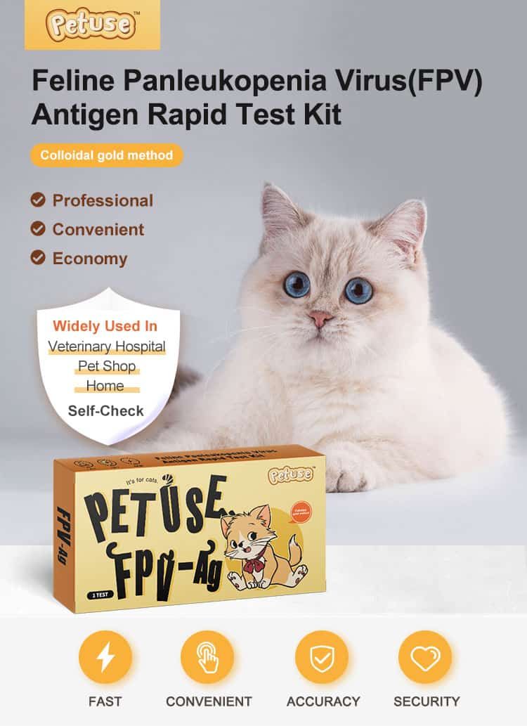 Feline Panleukopenia Virus (FPV) Antigeen Sneltestkit met kat en productkenmerken.