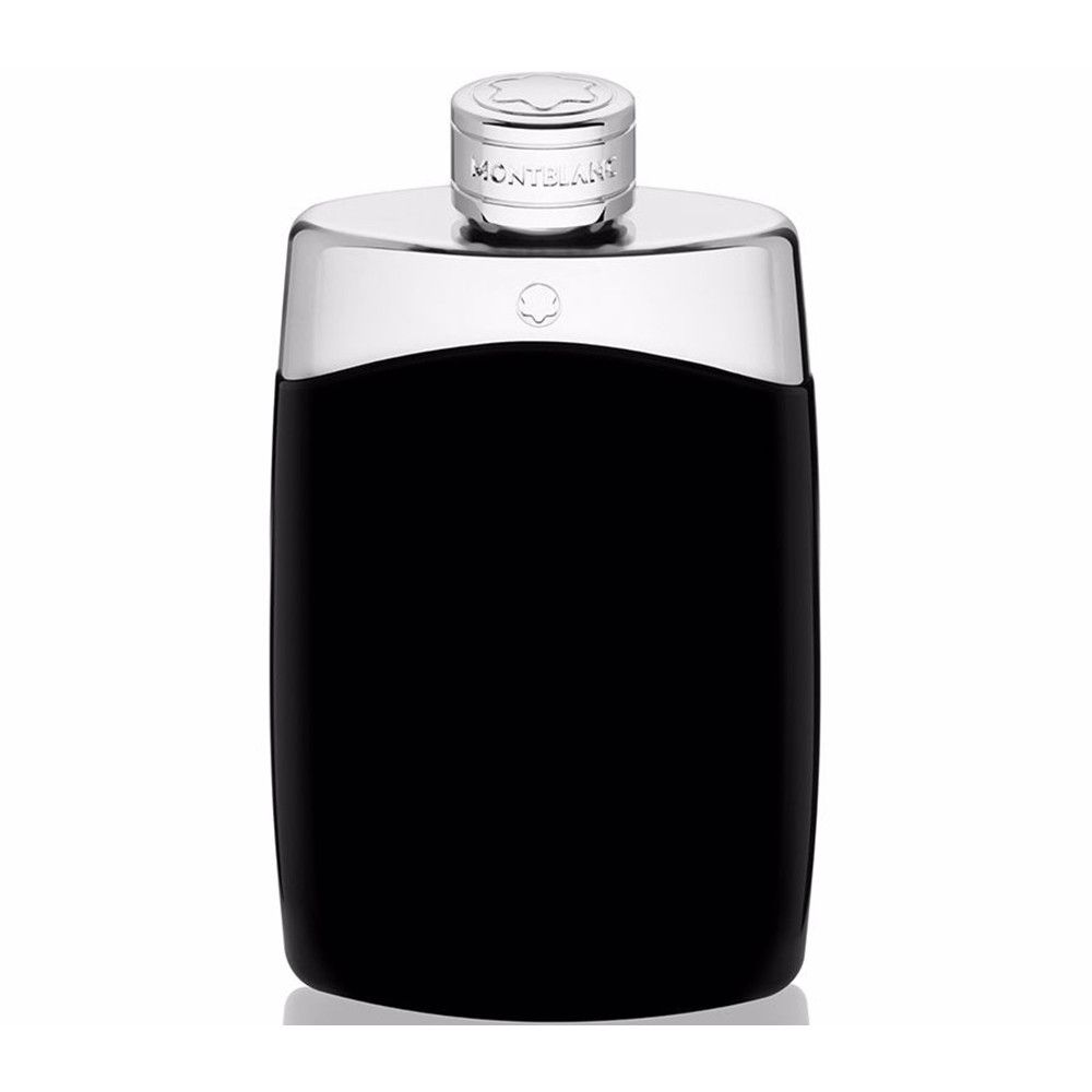 Zwarte fles met zilveren dop. Opschrift: MONTBLANC. Vorm: rechthoekig, afgerond.