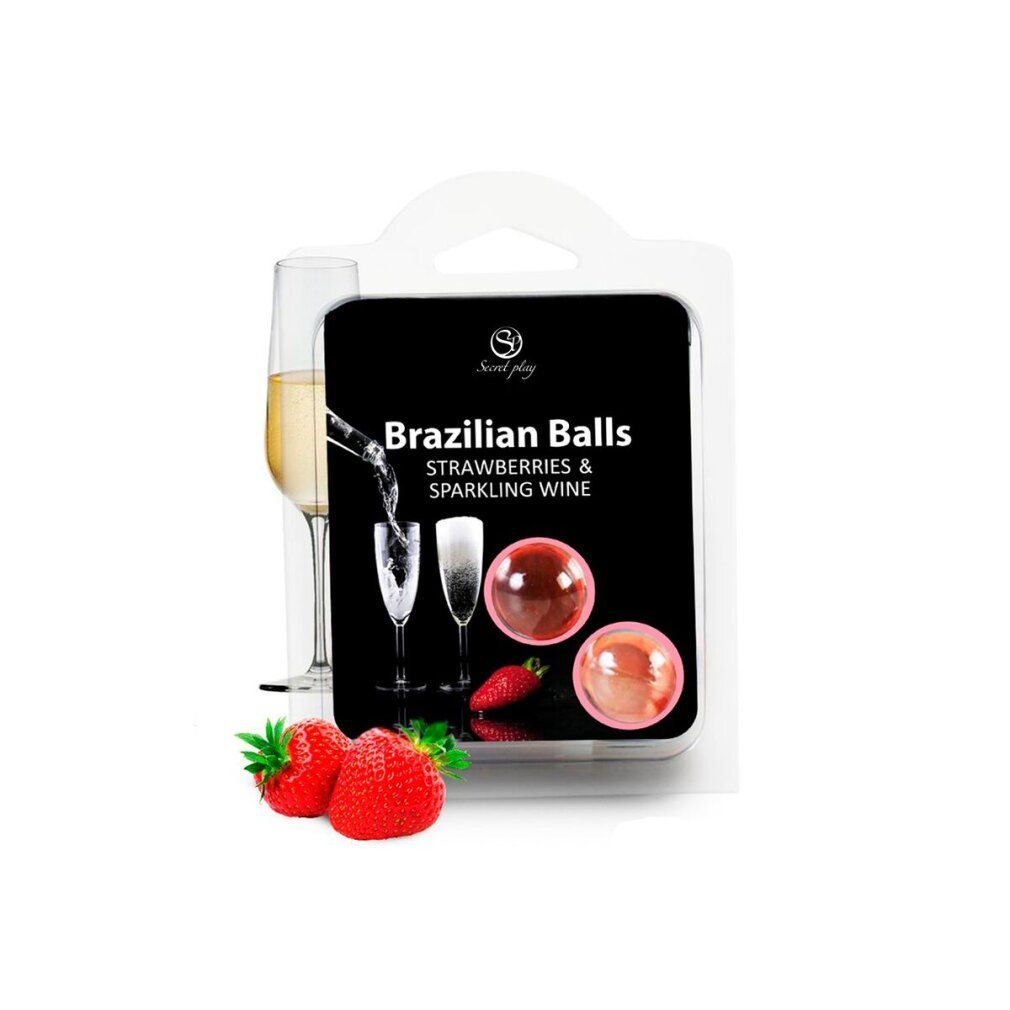 Secret Play Brazilian Balls Aardbeien & Champagne, drie balletjes in blisterverpakking, met aardbeien en champagneglazen.