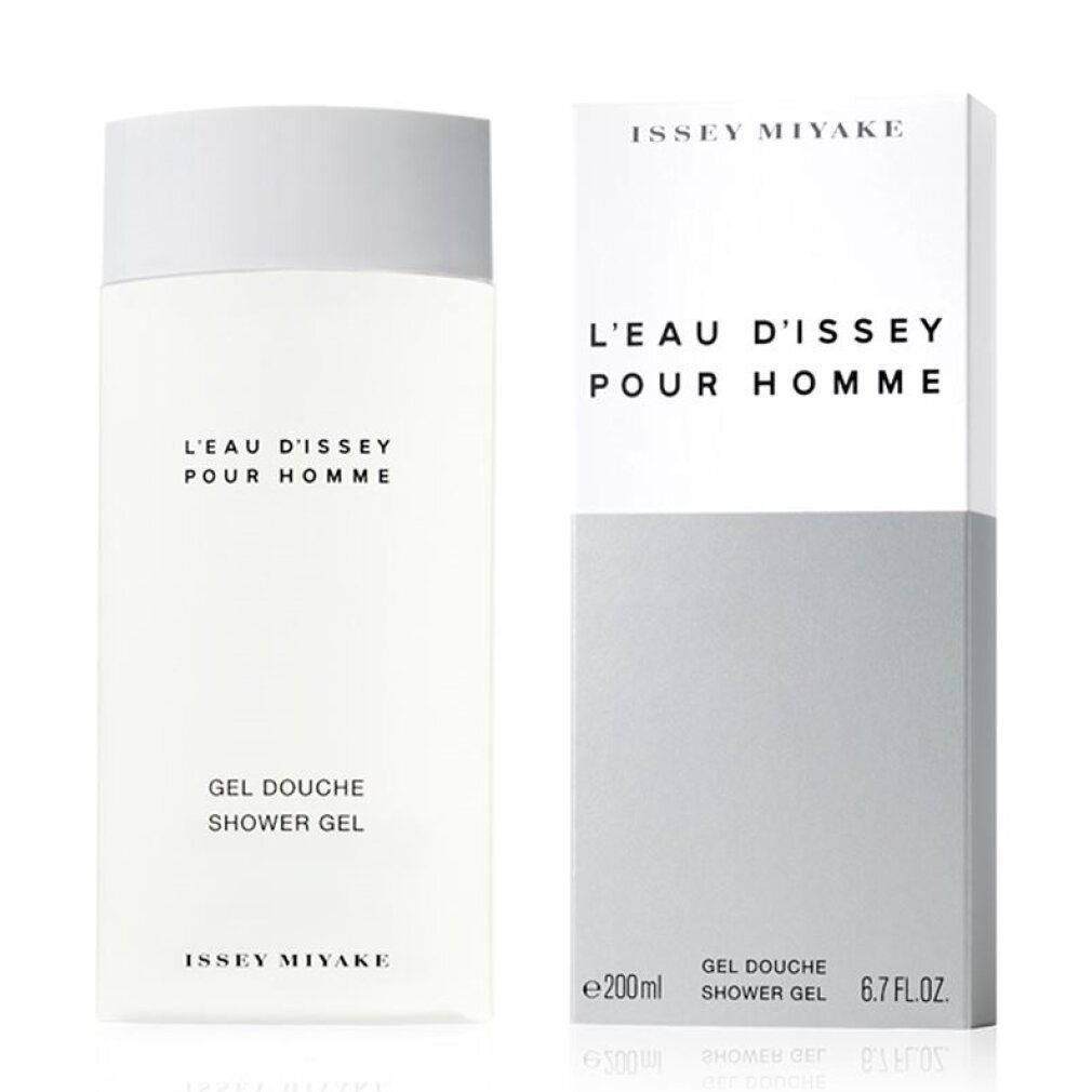 Issey Miyake douchegel fles en verpakking. Witte fles met witte dop. Tekst: L'EAU D'ISSEY POUR HOMME, GEL DOUCHE SHOWER GEL. Verpakking met tekst.