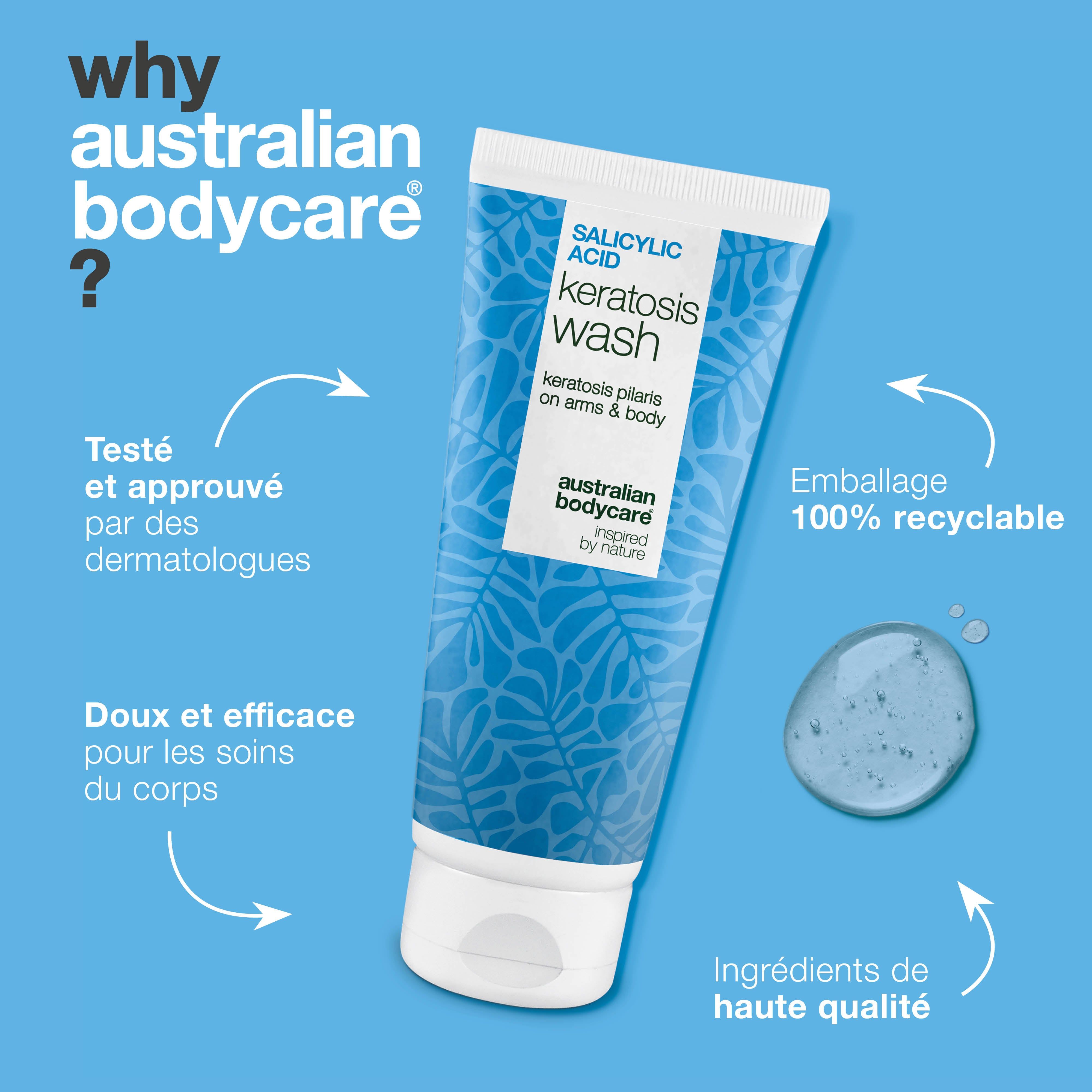 Tube avec texte : Salicylic Acid Keratosis Wash. Marque : Australian Bodycare. Texte : Emballage 100% recyclable.