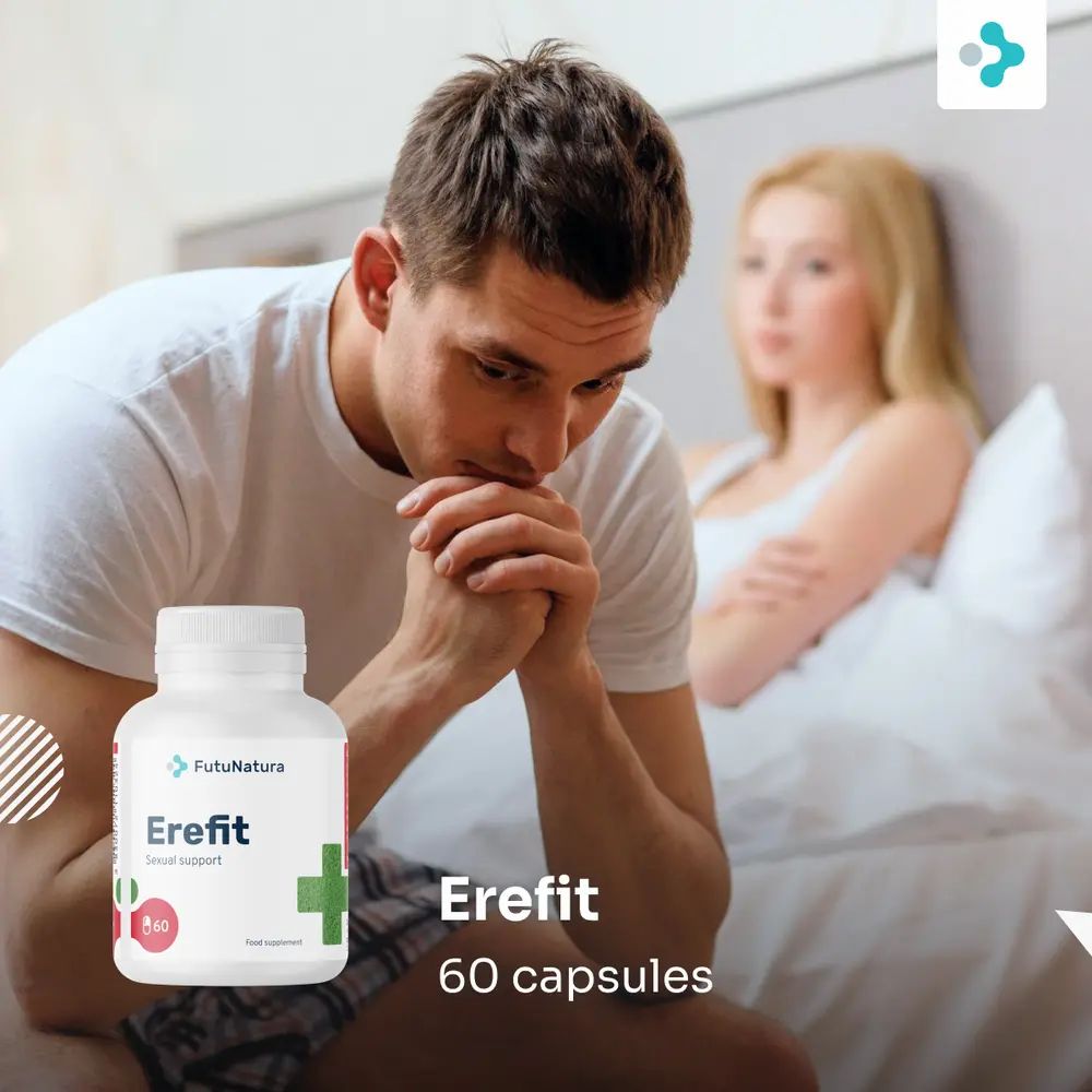Fles FutuNatura Erefit. 60 capsules. Man denkt. Vrouw op achtergrond. Rode achtergrond.
