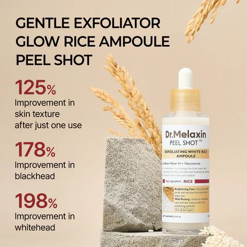 Dr.Melaxin Peel Shot Exfoliating White Rice Ampoule, entourée de grains et d'épis de riz.