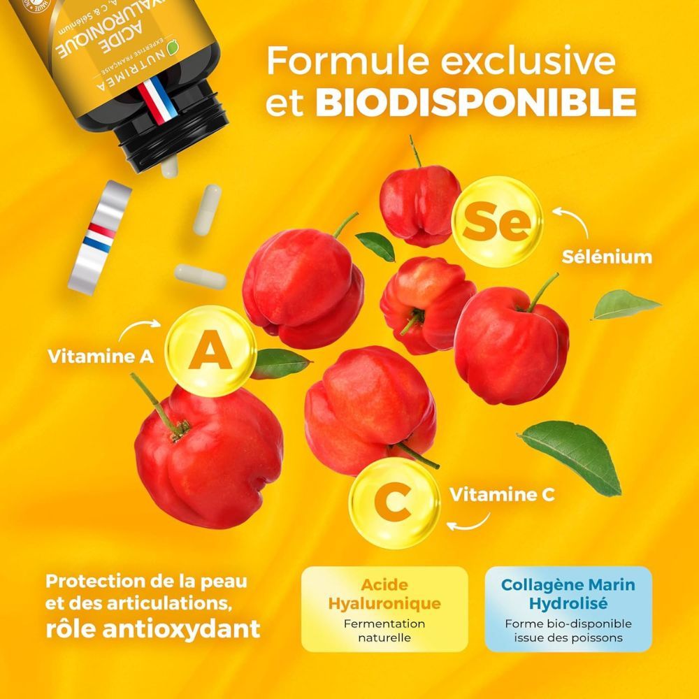 Infographie avec ingrédients: Vitamine A, C, Acide Hyaluronique, Collagène. Fruits rouges et gélules.
