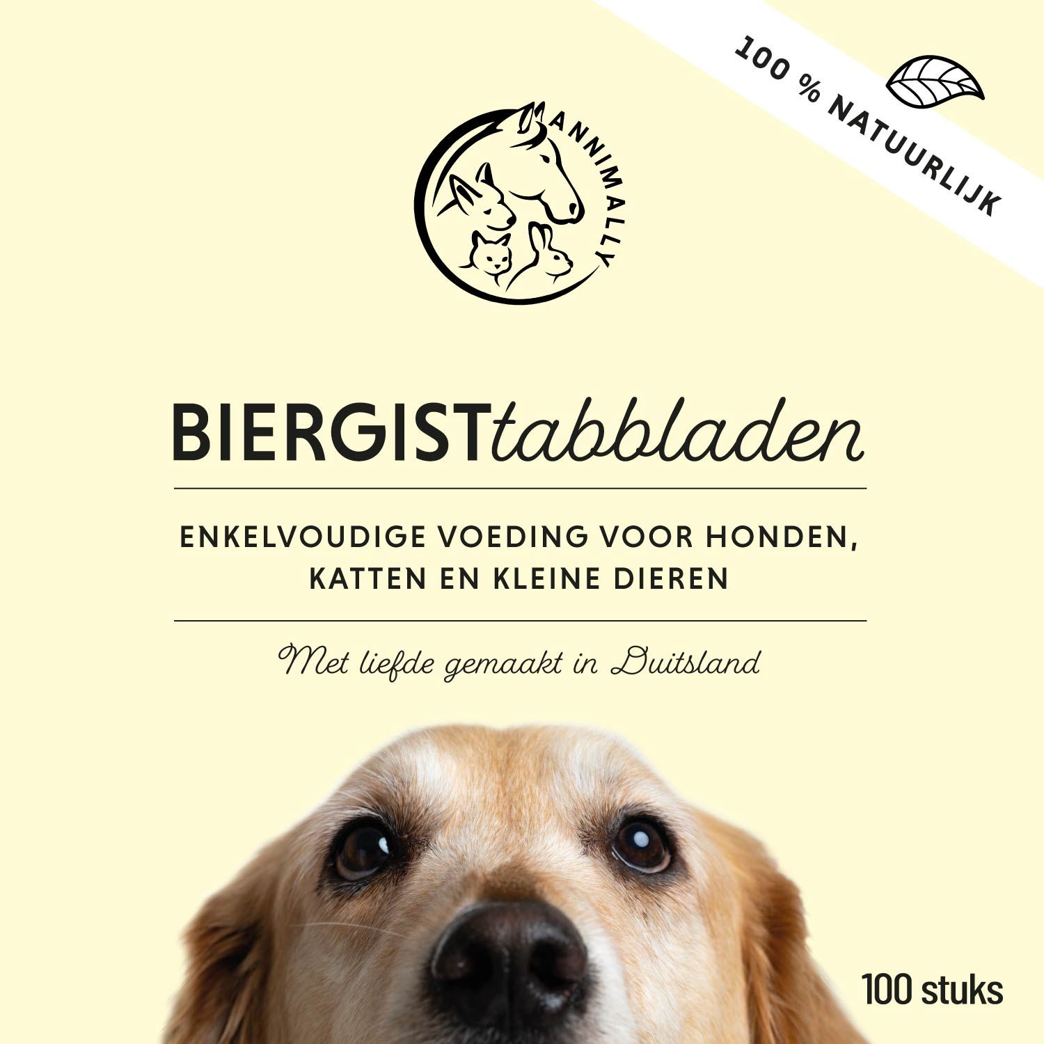 Verpakking met tabletten. Opschrift: Biergist tabletten. Voor honden, katten en kleine dieren. Hondenafbeelding. 100 stuks.