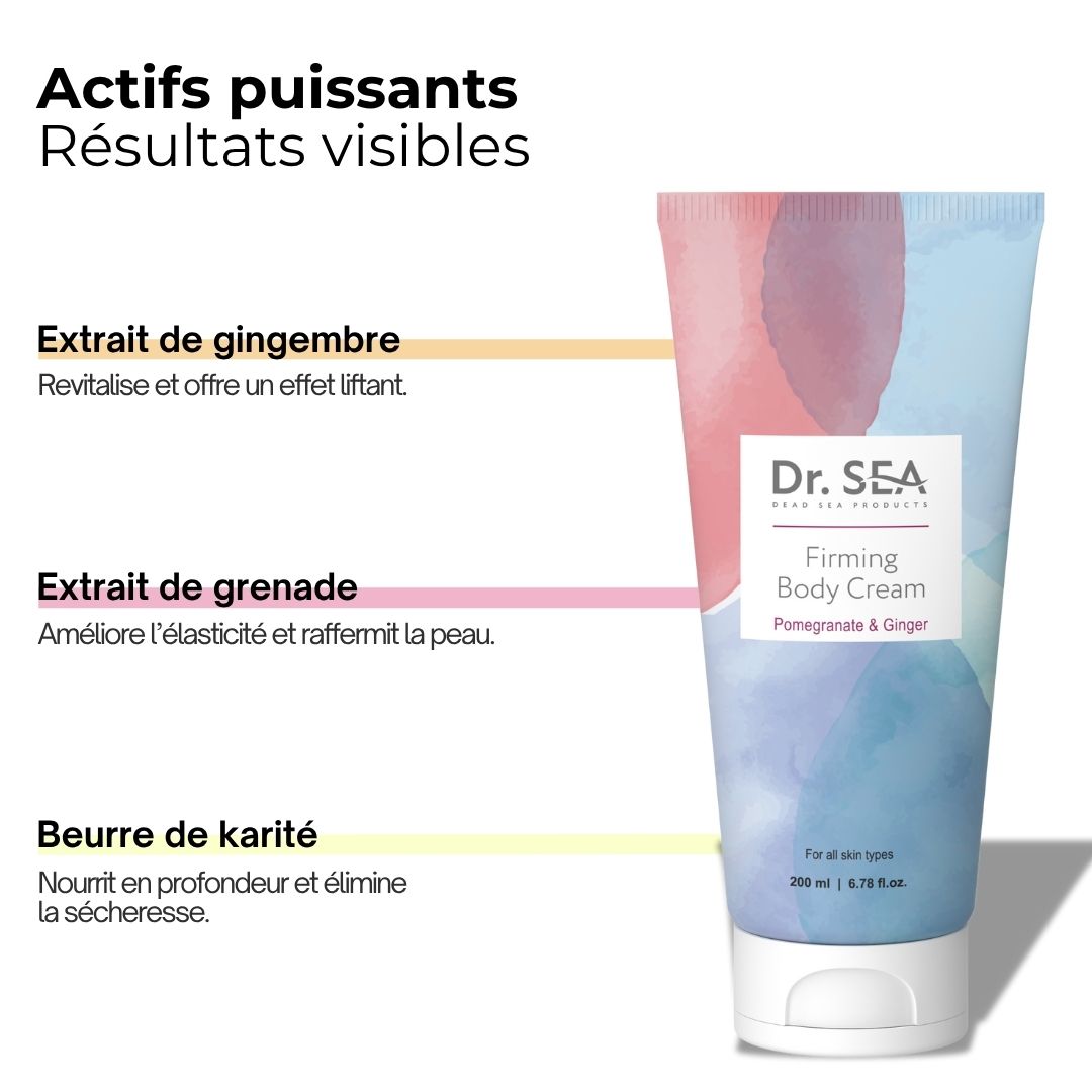 Tube de crème pour le corps avec texte. Texte : Dr. SEA, Firming Body Cream, Grenade & Gingembre. Ingrédients : Gingembre, Grenade, Beurre de karité.