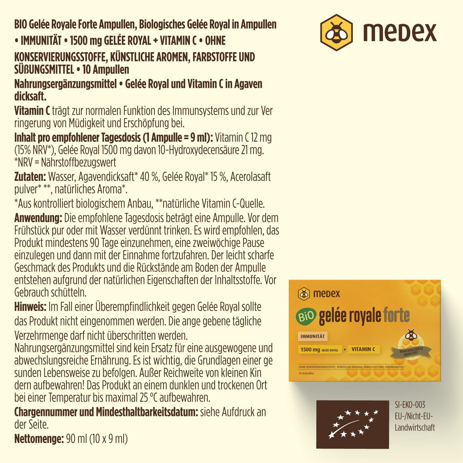 Informations produit de Medex Bio Gelée Royale Forte. Contient ingrédients, instructions d'utilisation et informations nutritionnelles. Avec label bio.