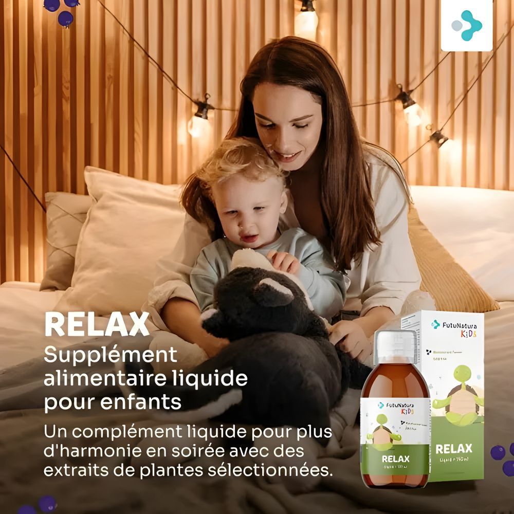 Bouteille et emballage FutuNatura Relax. Mère et enfant au lit. Nom du produit et logo visibles.