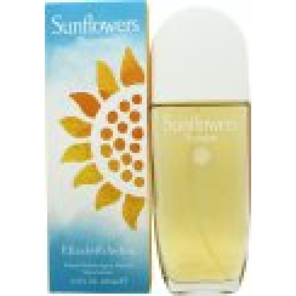 Fles en doos Elizabeth Arden Sunflower Sunrise. Fles met witte dop, gele vloeistof. Doos met zonnebloemmotief.