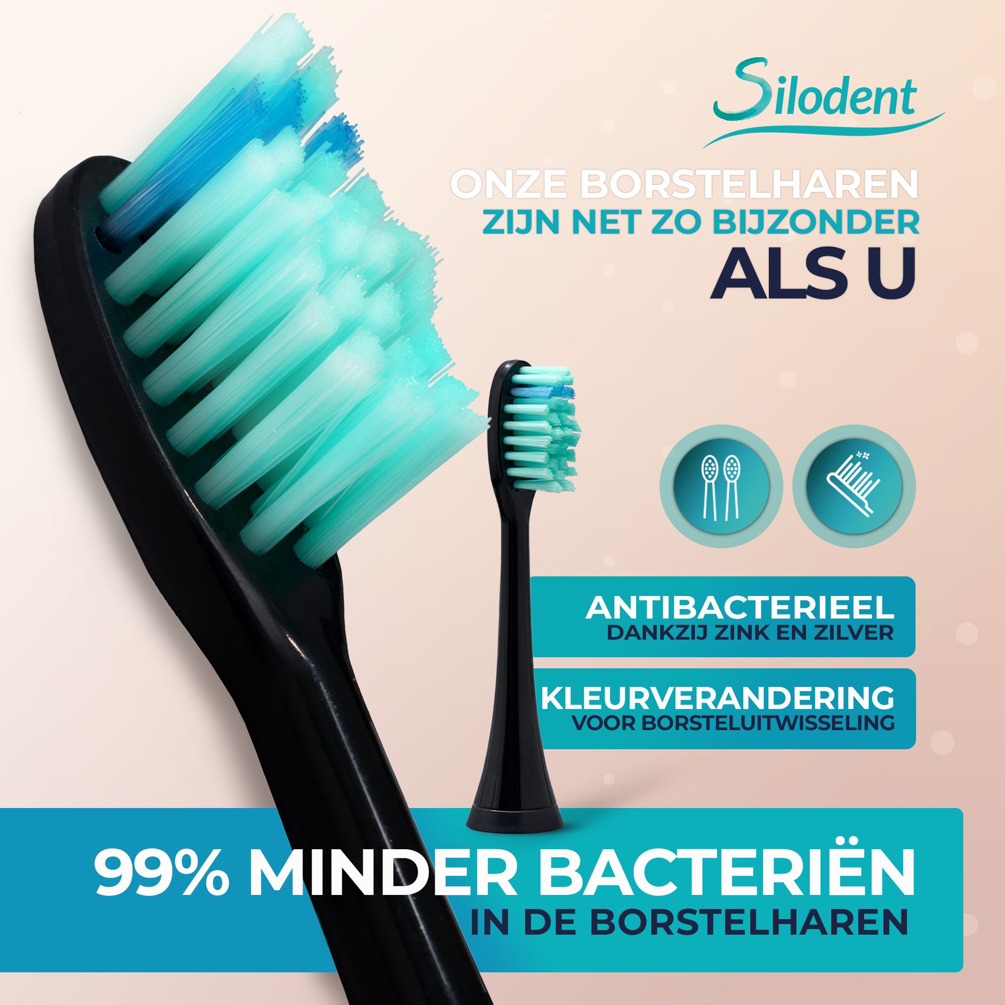 Zwarte sonische tandenborstel met turquoise borstelharen. Close-up van de borstelkop en een reservekop.