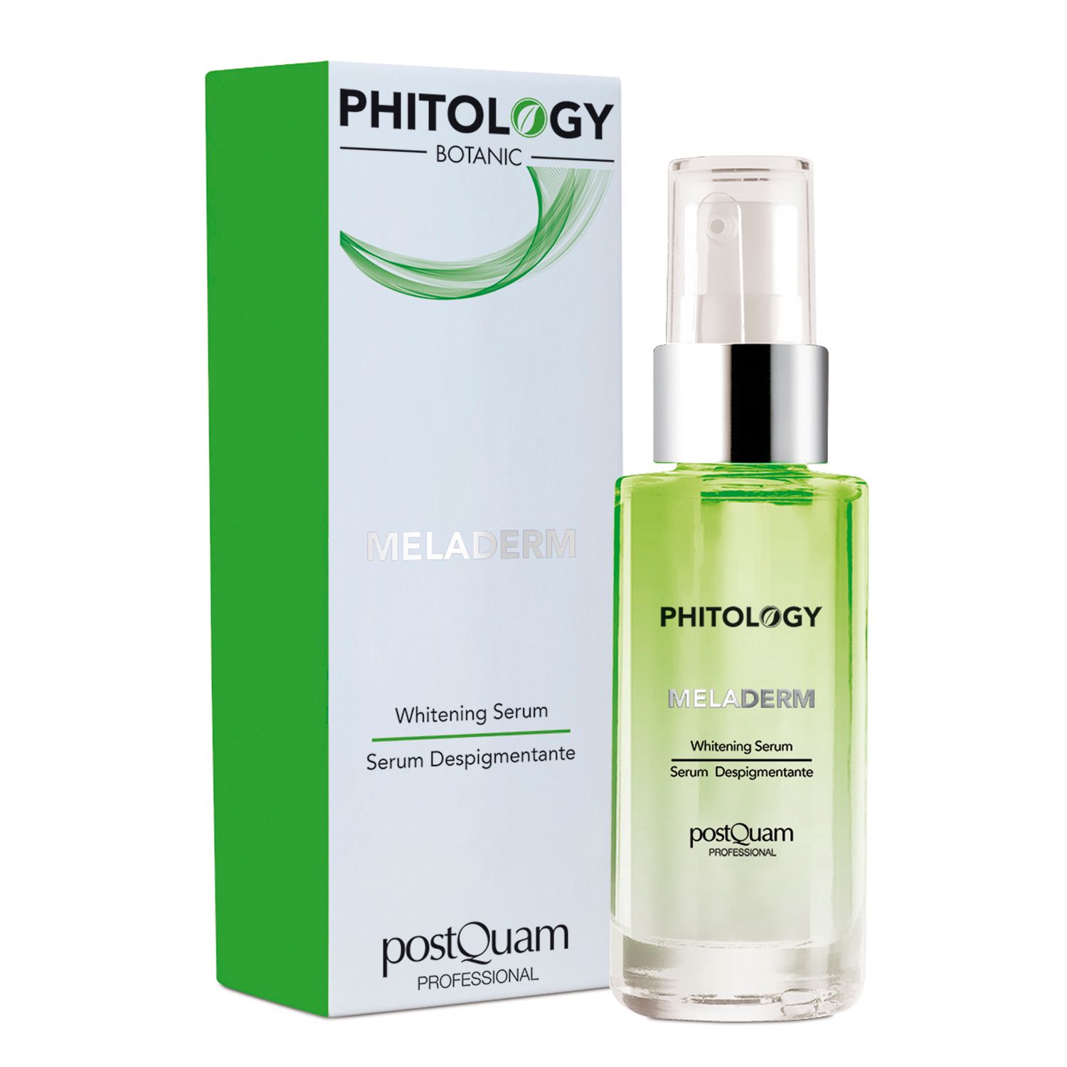 Serumfles en verpakking. Opschrift: PHITOLOGY, MELADERM, Whitening Serum, Serum Despigmentante. Merk: PostQuam.