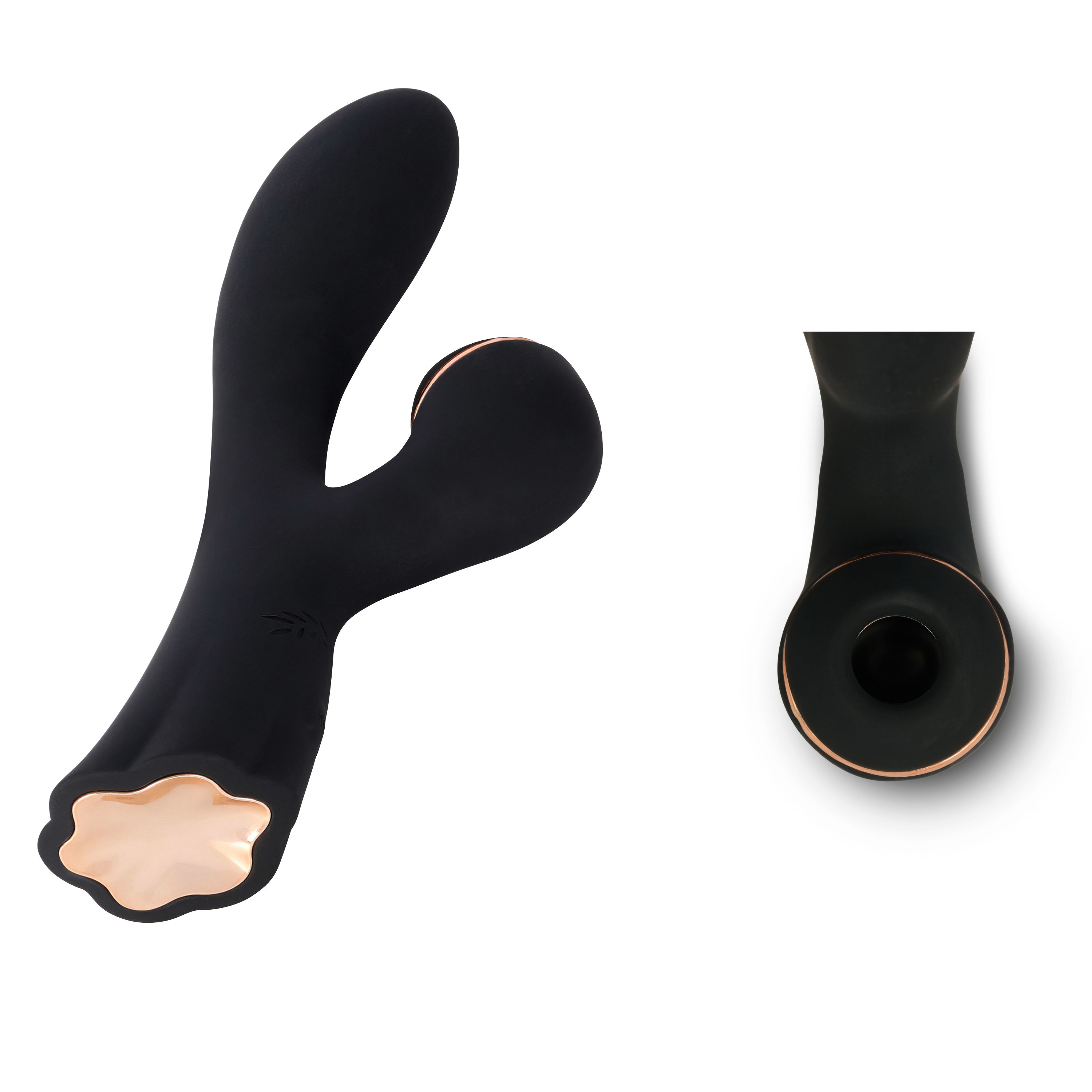 Produit de bien-être noir avec des accents dorés. Vue latérale du produit.