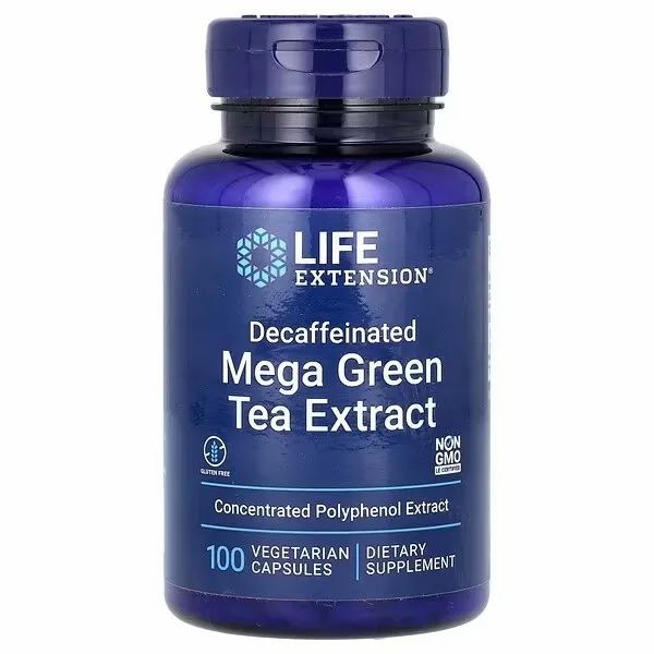 Bouteille de Life Extension Mega Green Tea Extract décaféiné, 100 capsules végétariennes.