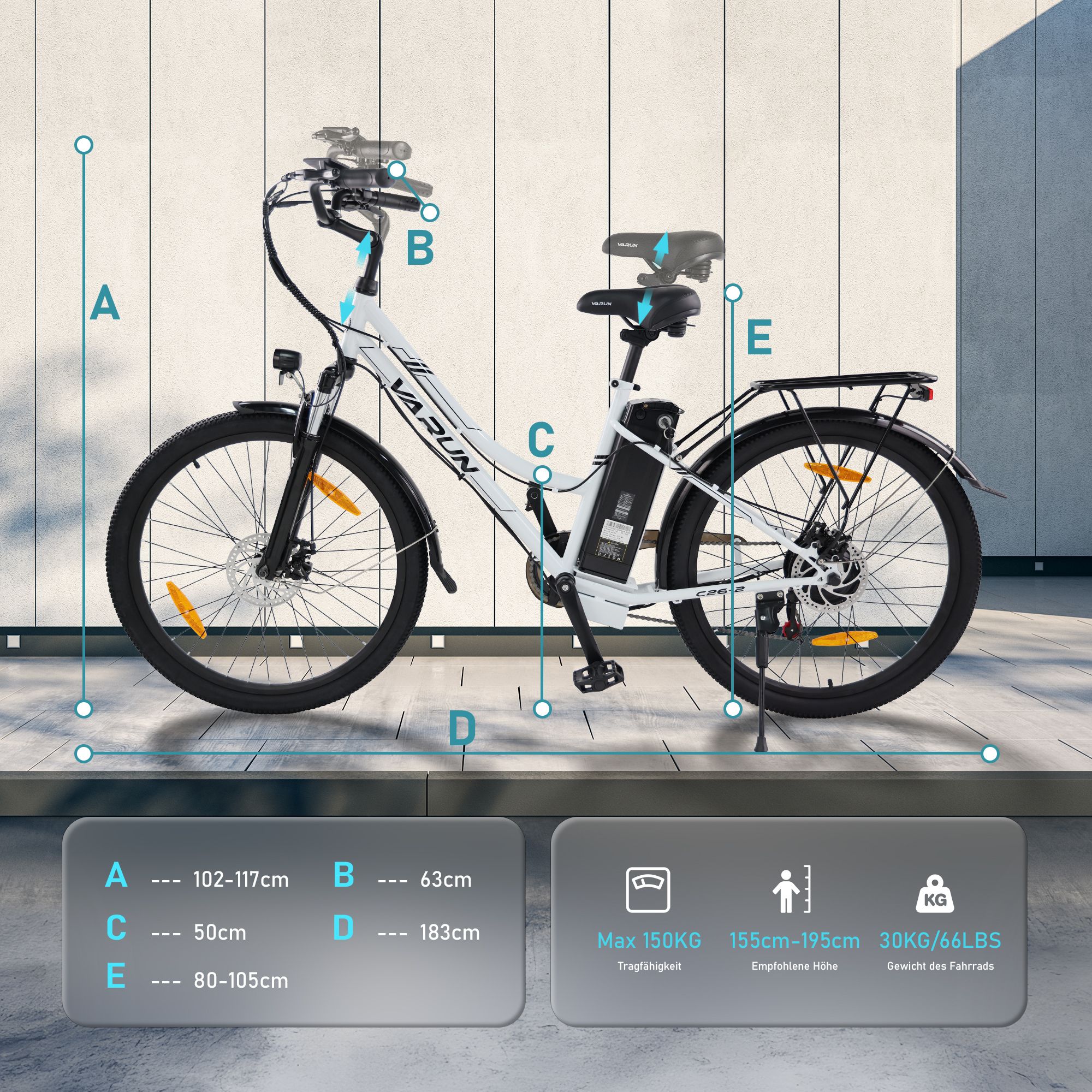 Witte e-bike met afmetingen. A: 102-117cm, B: 63cm, C: 50cm, D: 183cm, E: 80-105cm. Max. 150kg draagvermogen, 155cm-195cm aanbevolen hoogte.