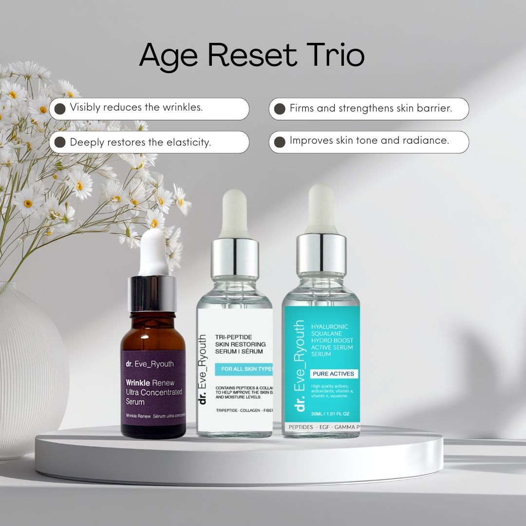 Trois flacons de sérum Dr. Eve_Ryouth. Étiquettes marron, transparentes et bleues. Pipettes blanches. Inscription : Age Reset Trio.