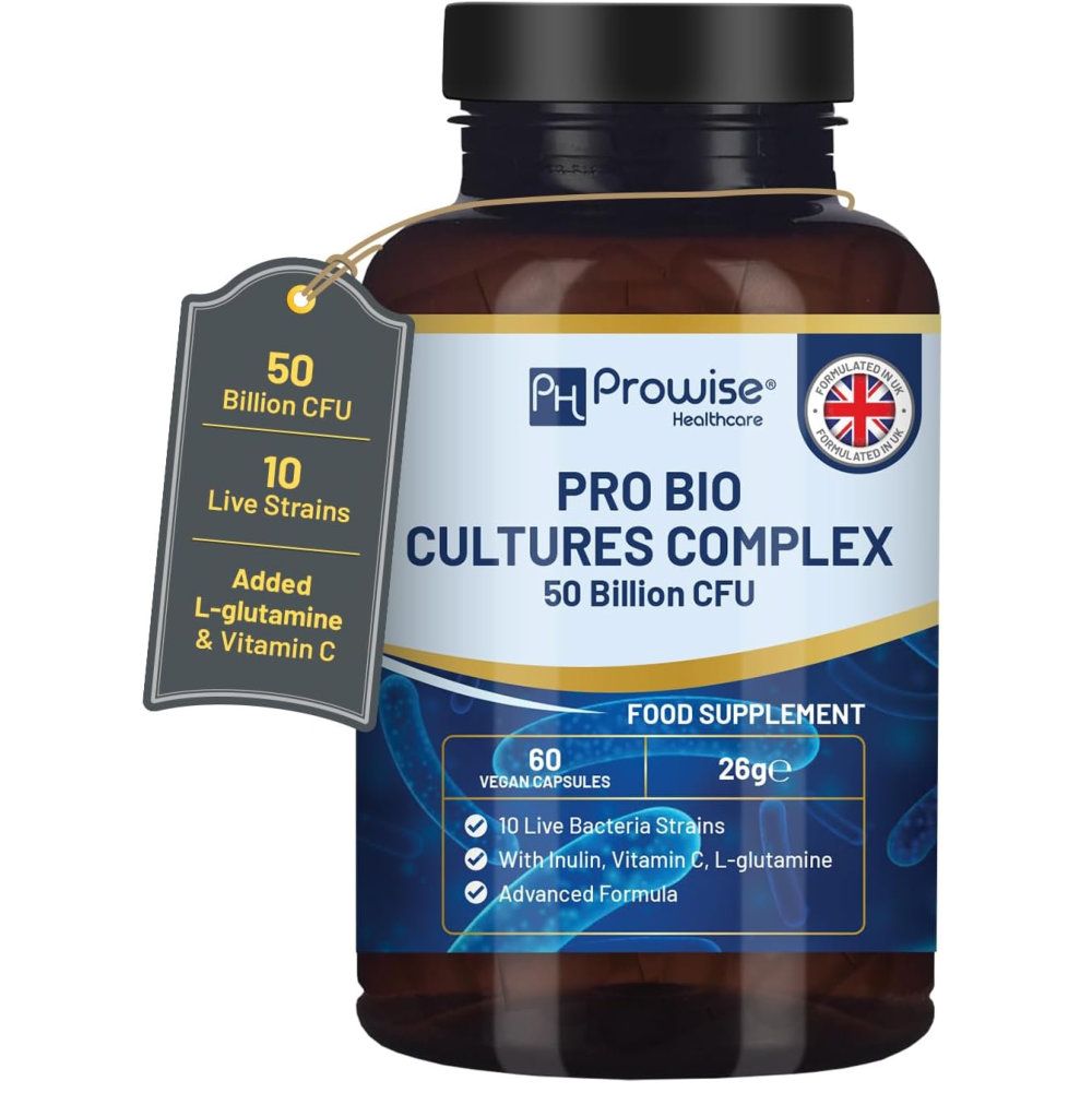 Bruine fles met zwarte dop. Label met productnaam: Pro Bio Cultures Complex. Bevat 60 veganistische capsules. Merk: Prowise Healthcare.