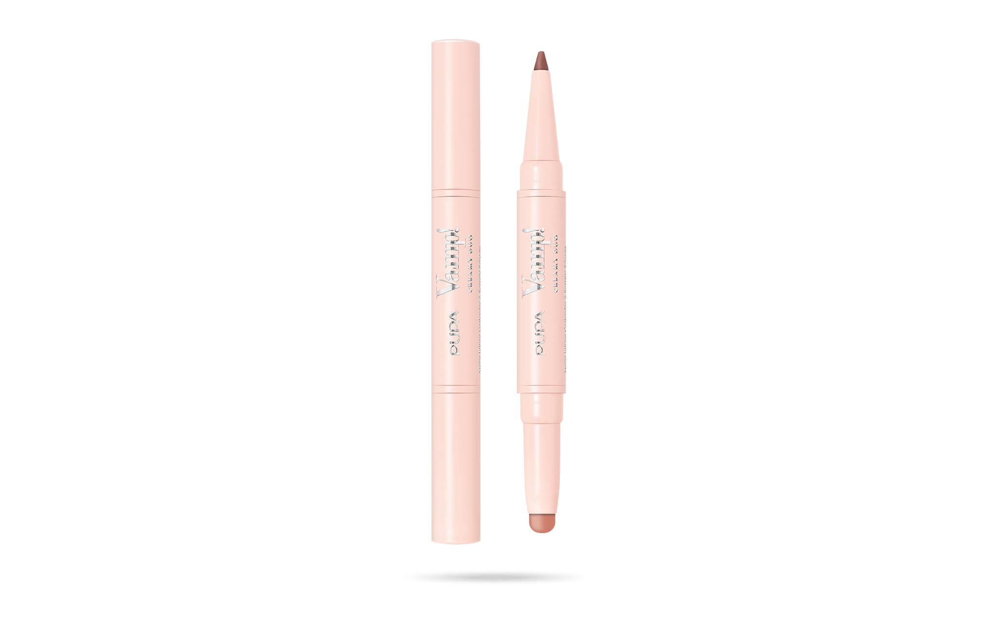 Lipliner met twee uiteinden. Eén uiteinde is een lipliner, de andere een lippenstift. Roze verpakking.