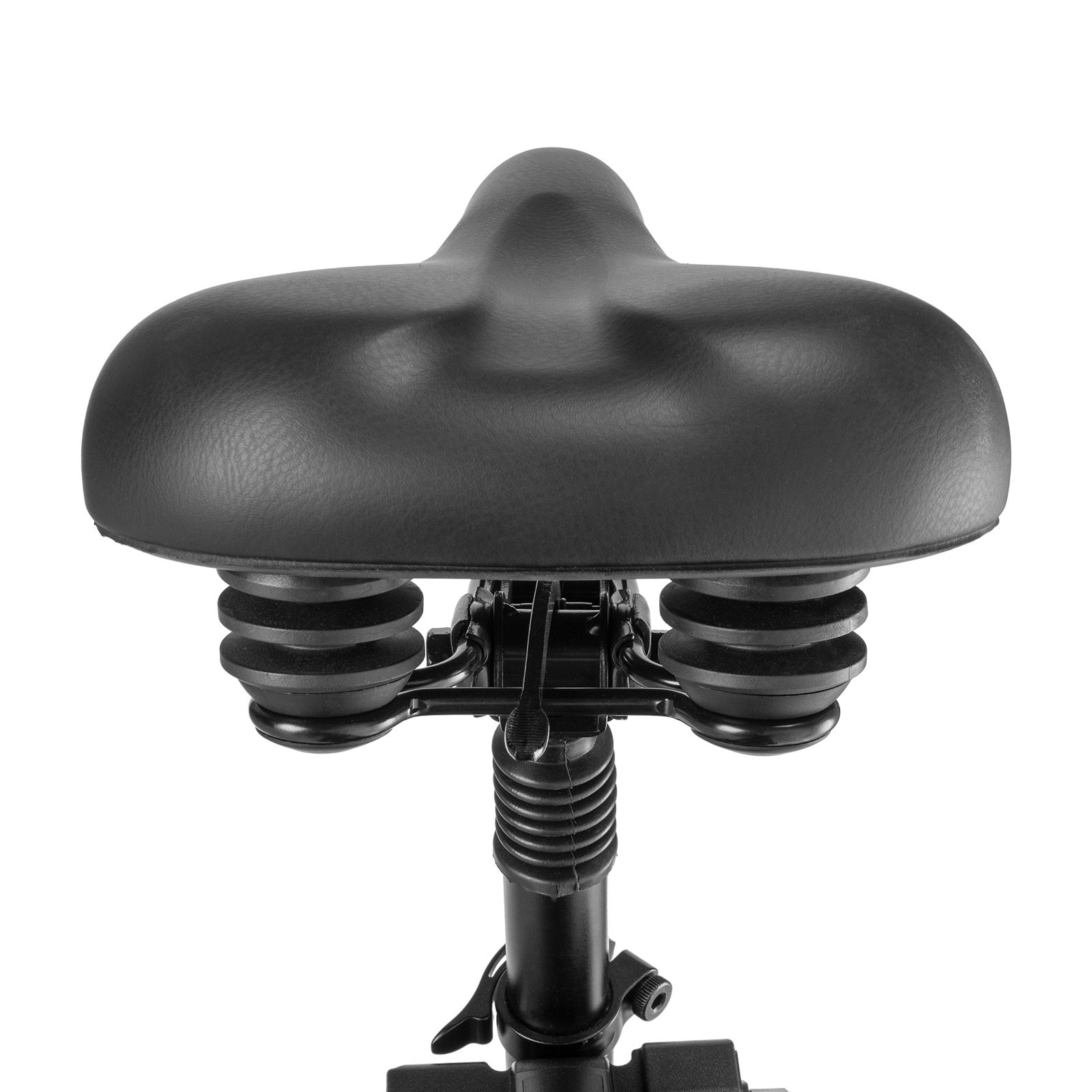 Selle de vélo noire avec suspension. Assise rembourrée, suspension sous la selle.