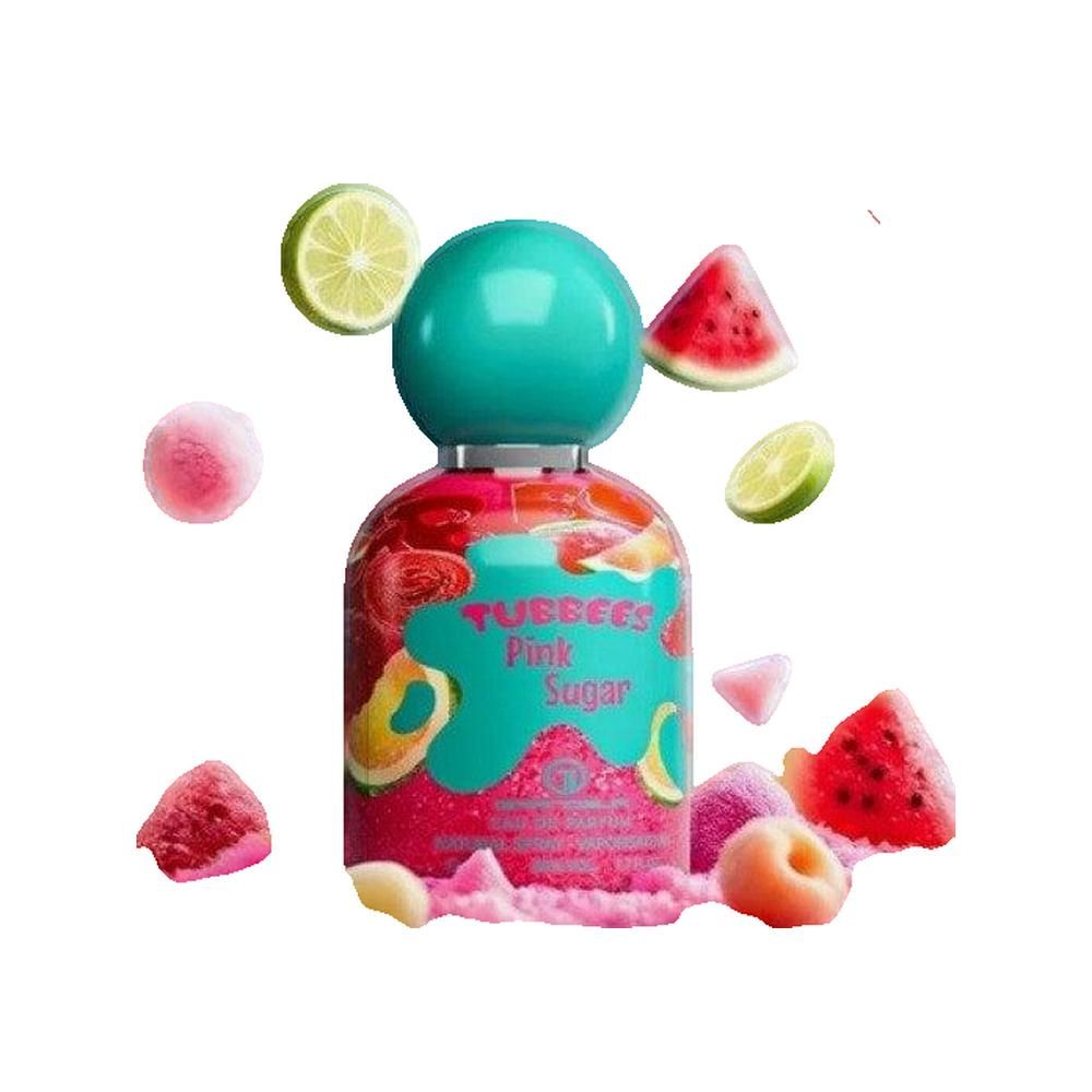 Flacon rose avec bouchon turquoise. Inscription: TUBBEES Pink Sugar. Morceaux de fruits entourent le flacon.