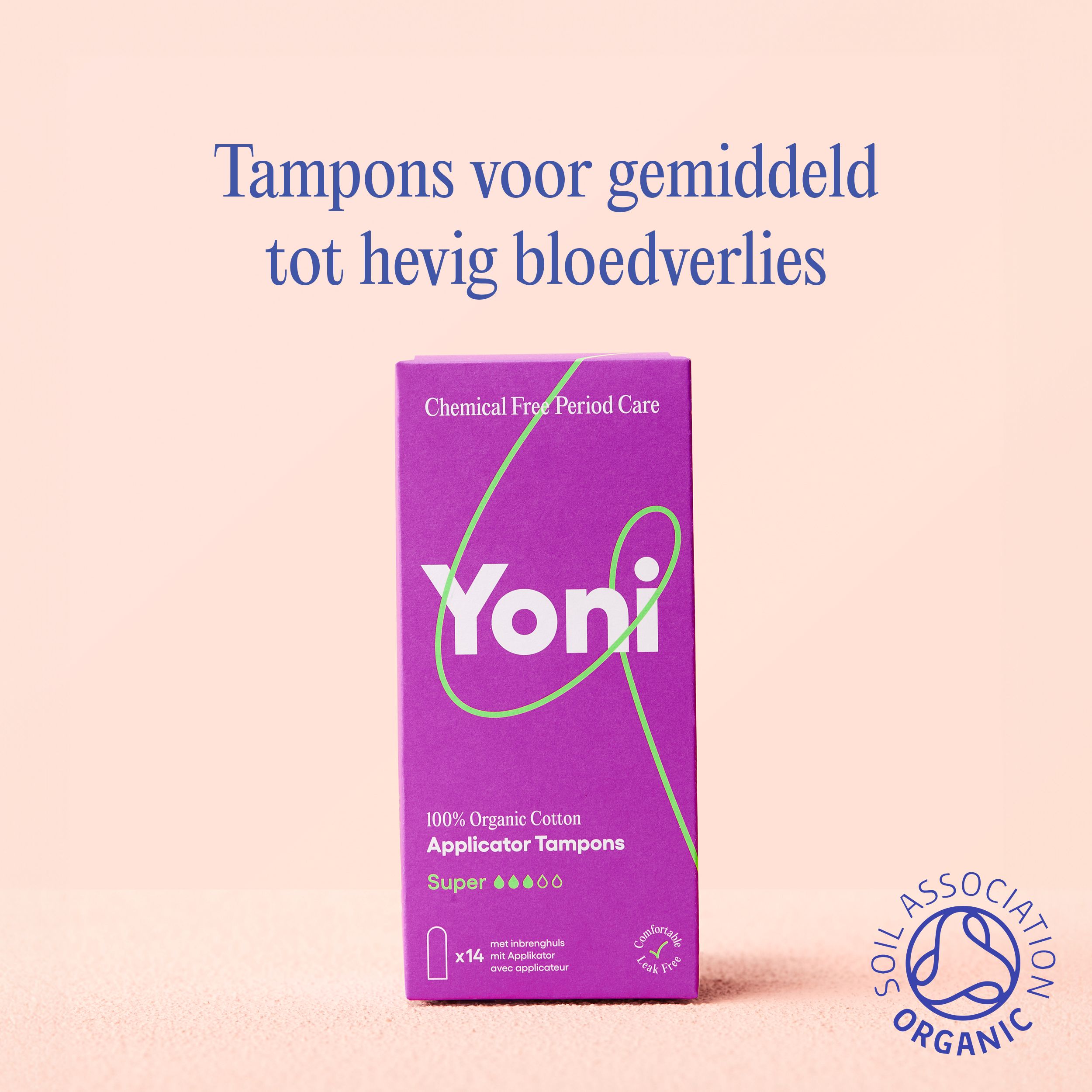 Verpakking tampons met applicator. Merk Yoni, 100% biologisch katoen, Super, 14 stuks. Met bio-keurmerk.