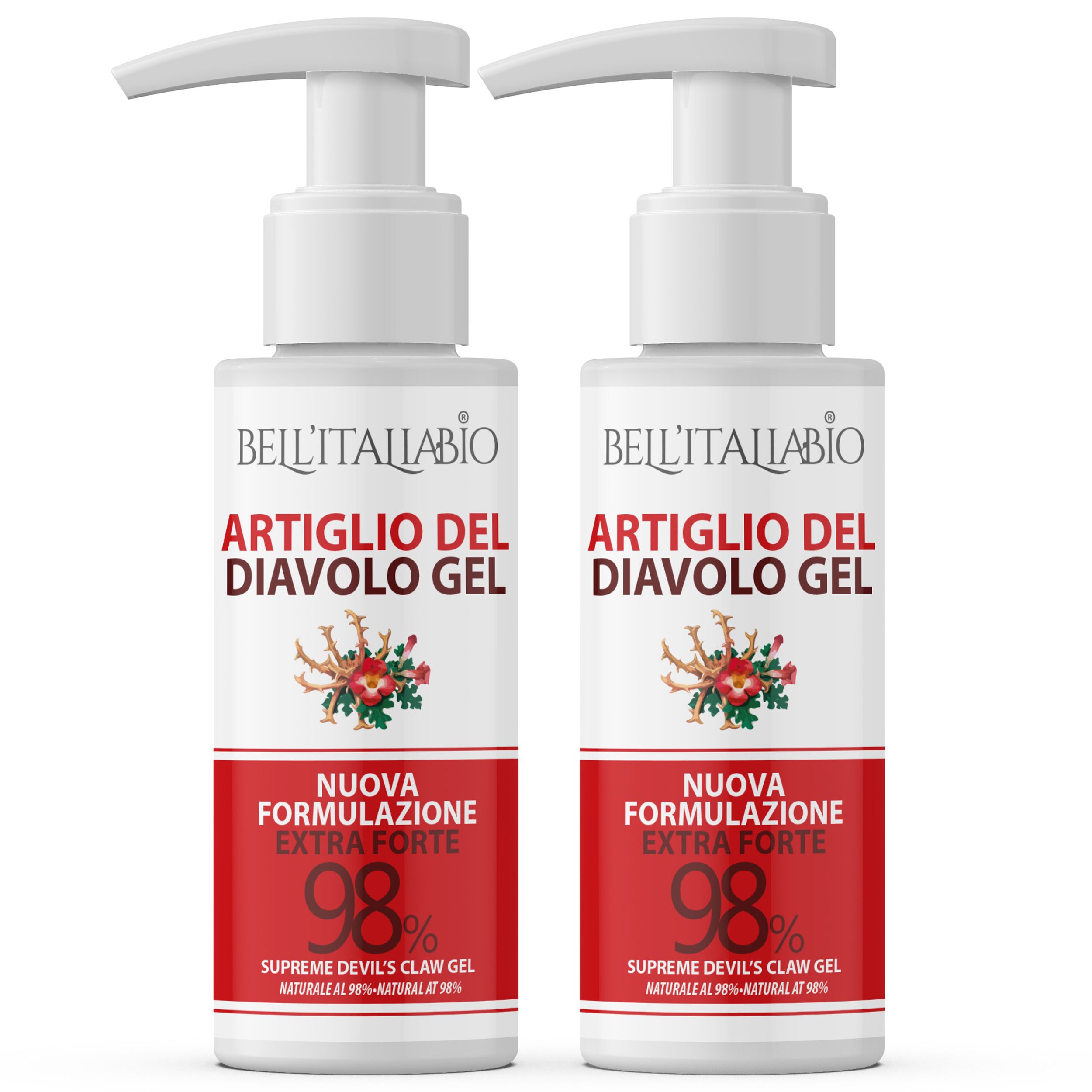 Twee witte flessen met pomp. Opschrift: Bell'Italiabio, Artiglio del Diavolo Gel, 98%. Rode etiketten.