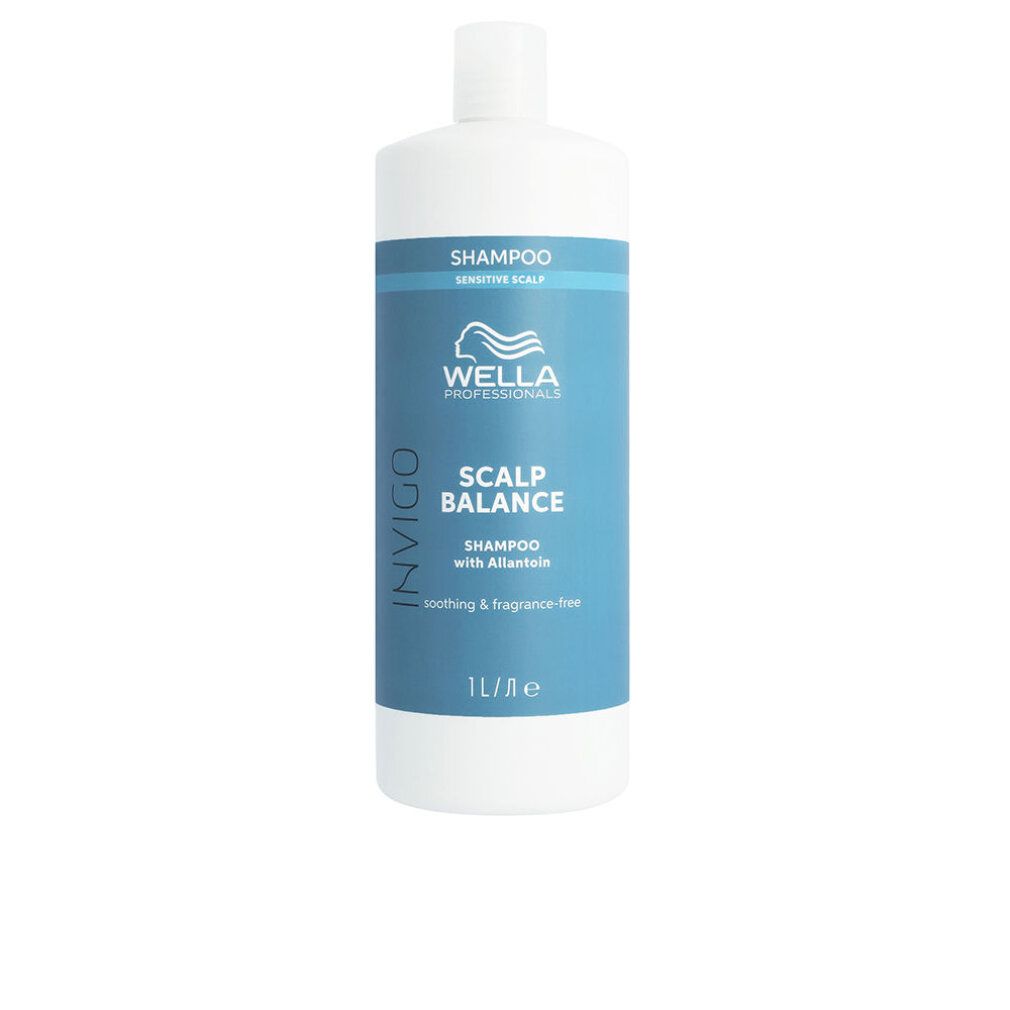 Witte fles met blauw etiket. Opschrift: INVIGO, SCALP BALANCE, Shampoo with Allantoin. 1L.