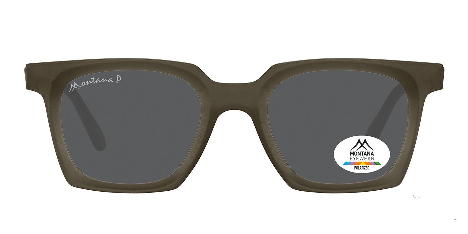 Lunettes de soleil carrées avec monture grise. Un autocollant avec le logo Montana Eyewear est visible sur un verre.