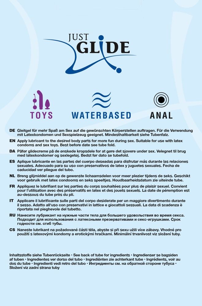 Emballage JUST GLIDE gel lubrifiant avec trois tubes de 200 ml : Waterbased, Anal et Strawberry.
