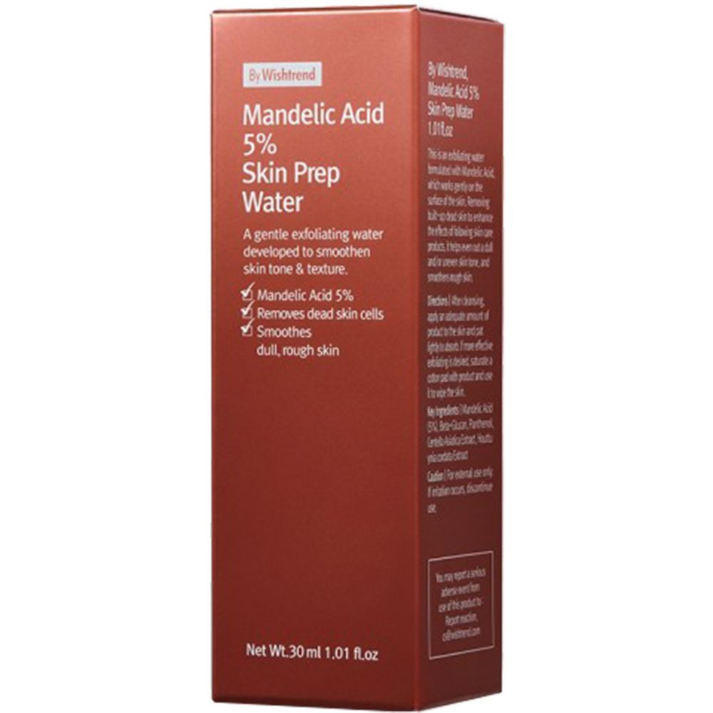 Emballage en carton pour produit à l'acide mandélique. Emballage rouge avec nom et description du produit. Texte en anglais.