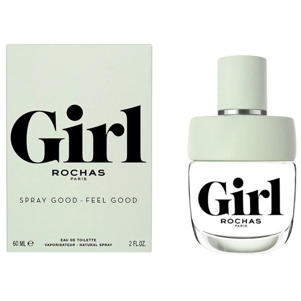 Lichtgroene doos en fles. Opschrift "Girl" en "Rochas Paris". Fles met lichtgroene dop. 60 ml.