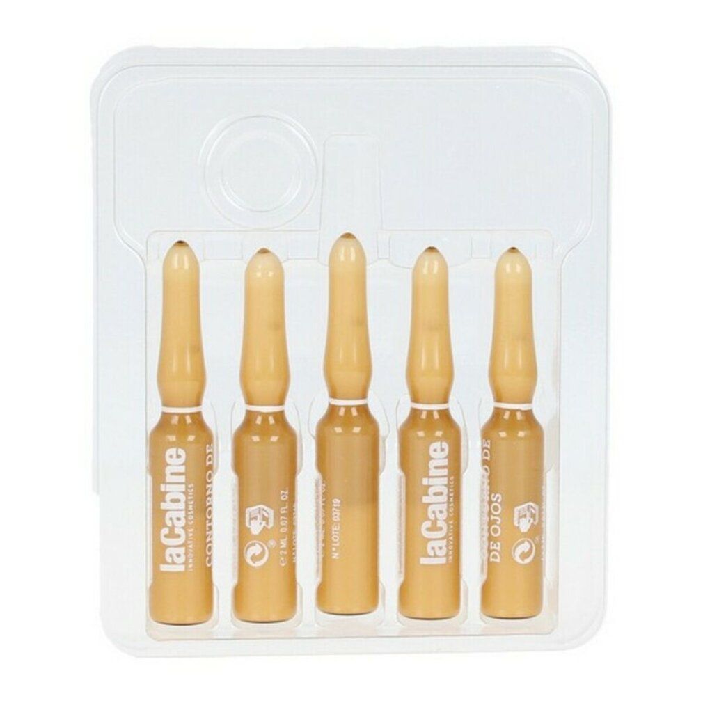 Cinq ampoules dans un emballage plastique transparent. Chaque ampoule porte l'inscription "laCabine" et "Contorno de Ojos".