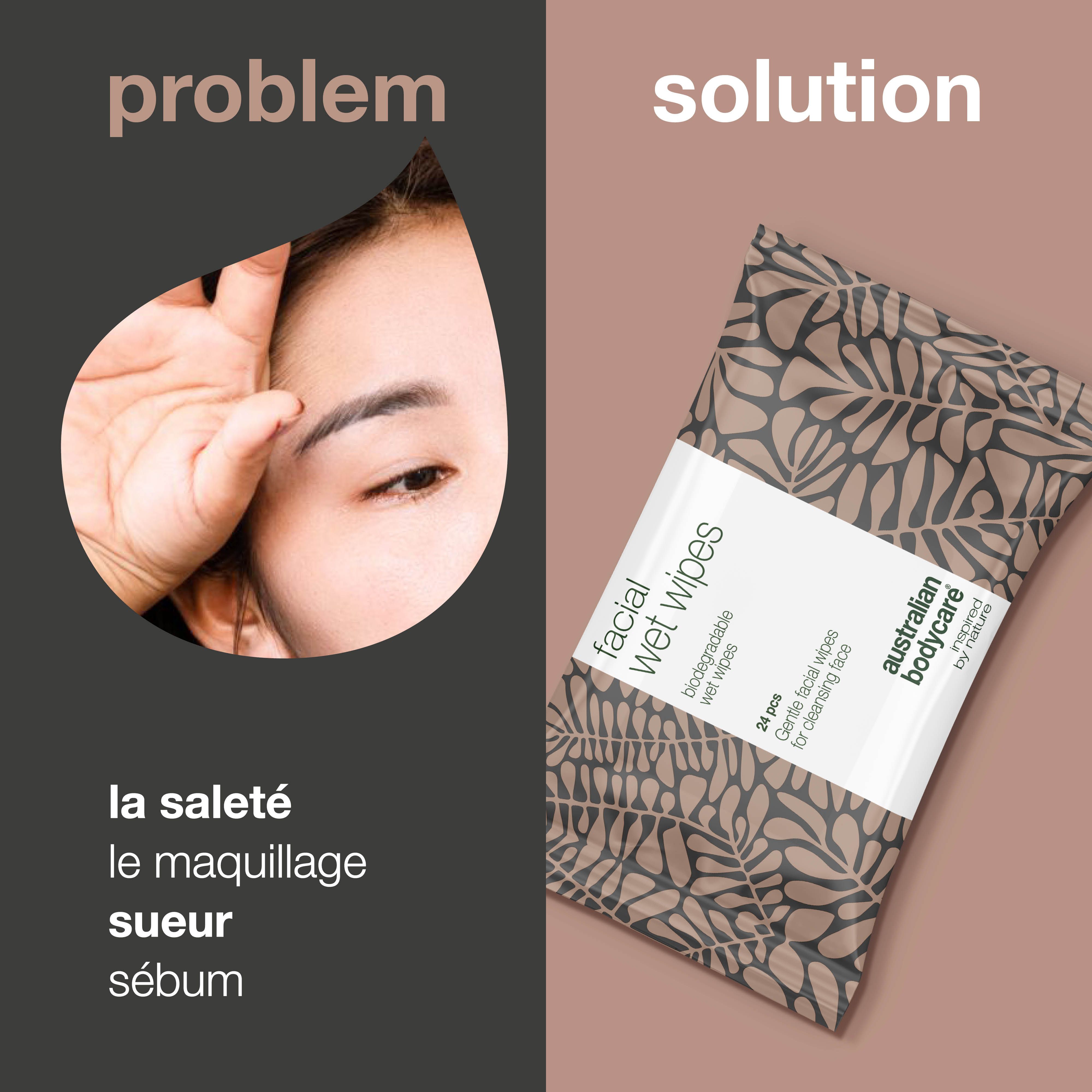 Visage avec problème, à côté paquet de lingettes. Texte: Facial Wet Wipes, Australian Bodycare. Problème: saleté, maquillage, sueur, sébum.