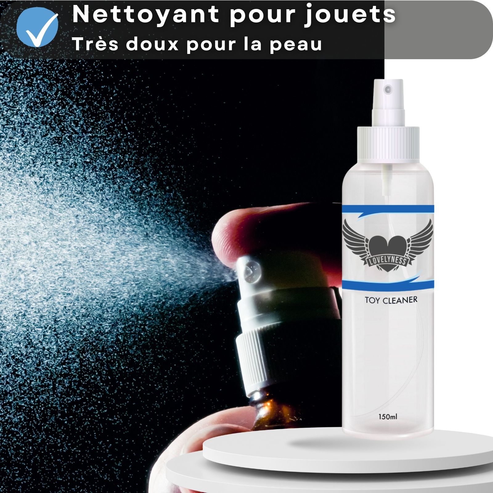 Flacon spray "TOY CLEANER". Vaporisation. Nettoyant pour zones intimes et jouets.