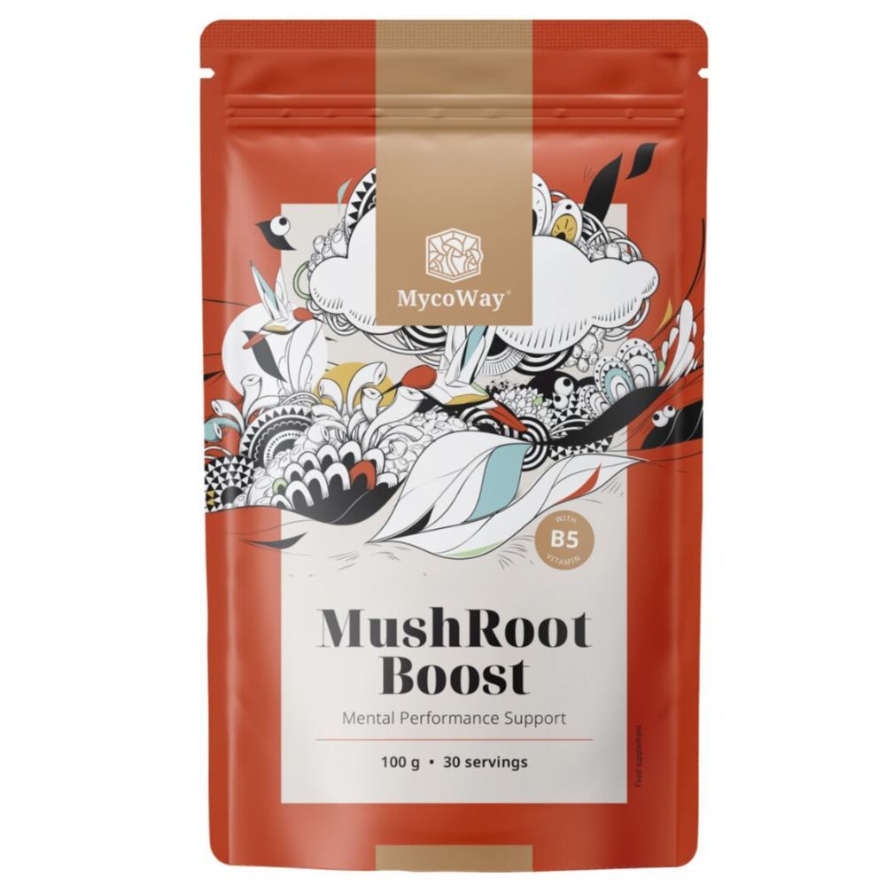 Zakje MycoWay MushRoot Boost. Ondersteuning mentale prestaties. 100 g, 30 porties. Rode achtergrond met illustraties.