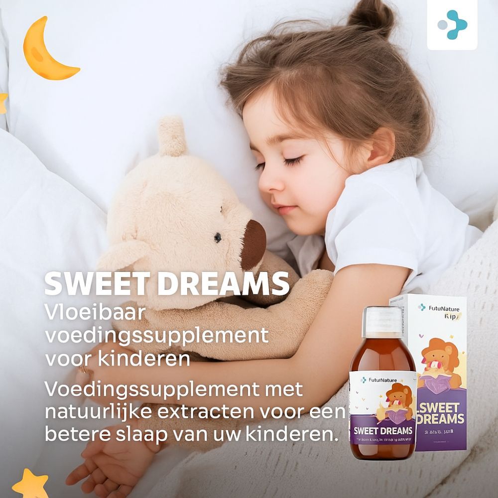Kind slaapt met teddybeer. Fles en verpakking van FutuNatura Kids Sweet Dreams. Tekst: Vloeibaar voedingssupplement.