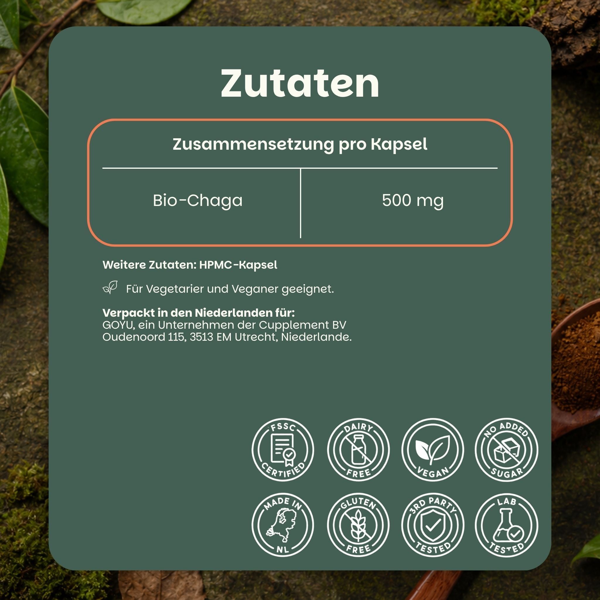 Informations sur les ingrédients : Chaga bio 500 mg par capsule. Autres ingrédients : capsule HPMC. Convient aux végétariens et végétaliens. Labels visibles.